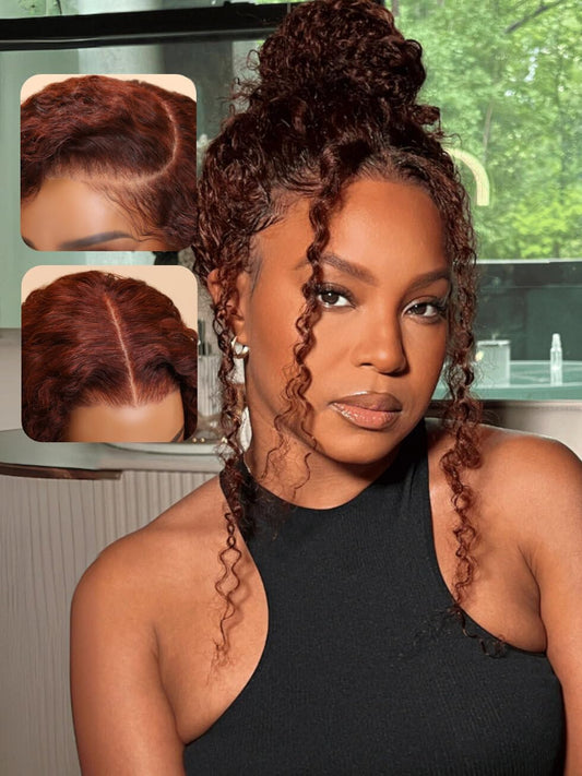 UNICE Bye Bye Knots Glueless Wig 7x5 Pre Cut Lace Front Wigs Human Hair Reddish Brown Deep Curly Invisible Knots Pre Everything Put on and Go Human Hair Wig Pre Plucked 150% Density 16inch