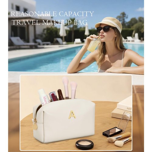 CLOUDWINGS Gifts for Women Bridesmaid Gifts Personalized Initial Makeup Bag PU Leather Cosmetic Waterproof Travel Toiletry Bag (Beige A)