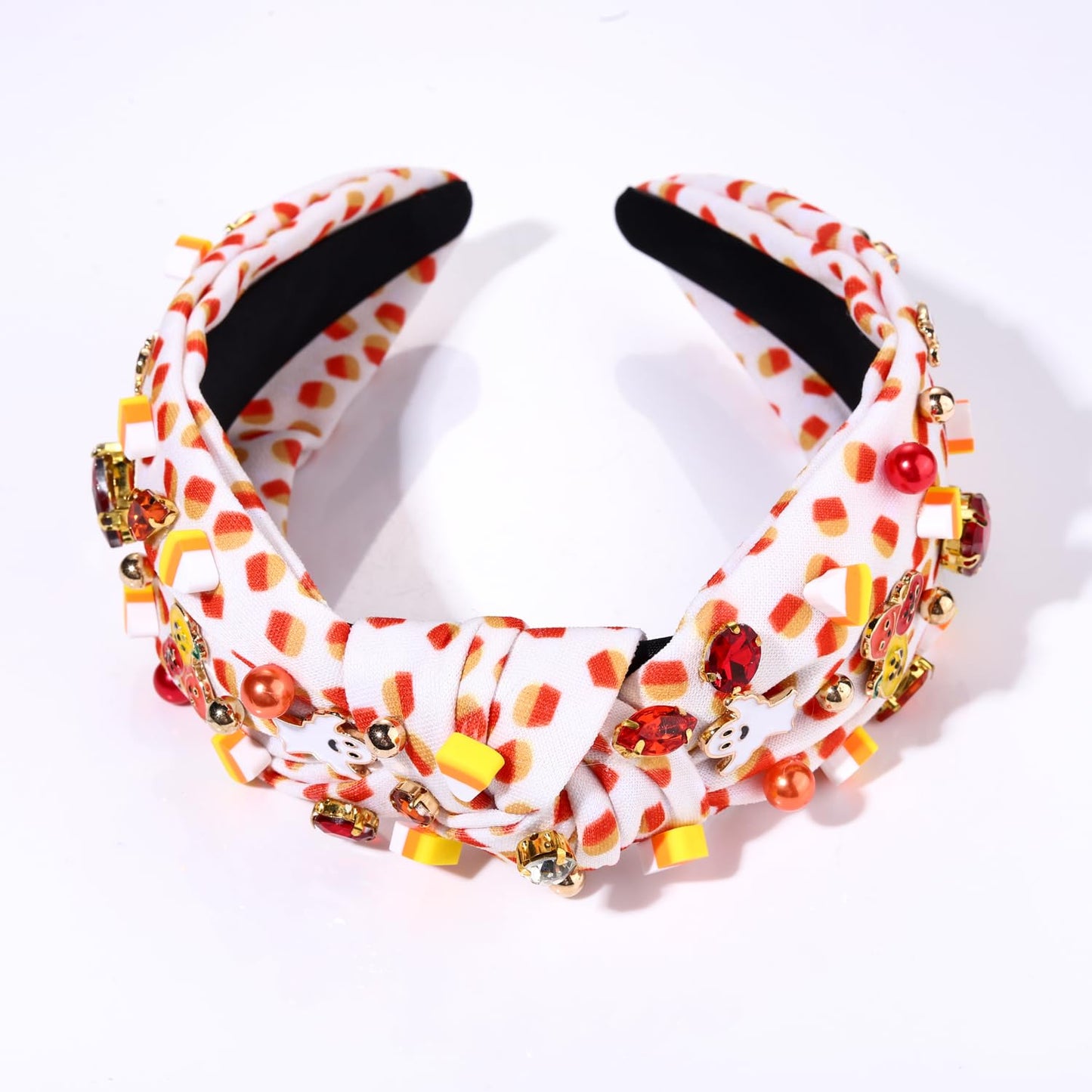 Halloween Headband for Women Pumpkin Ghost Candy Corn Charm Knotted Headband Pearl Crystal Corn Print Top Knot Hairband