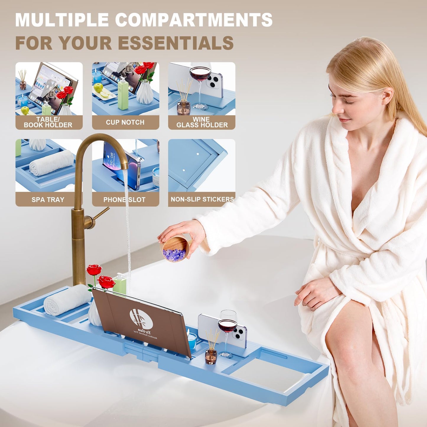 Yirilan Bamboo Bathtub Tray Caddy, 1 or 2 Person Expandable Wooden Bathroom Tray, Luxury Bamboo Bathtub Tray Expandable, Bath Tub Table Caddy with Extending, Blue