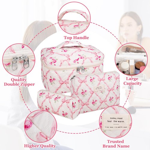 3PC Makeup Bag Set, Quilted Makeup Bag, Large Floral Cosmetic Bag for Women, Cute Cotton Makeup Bags, Flower Travel Toiletry Organizer Bag (Pink Flower)