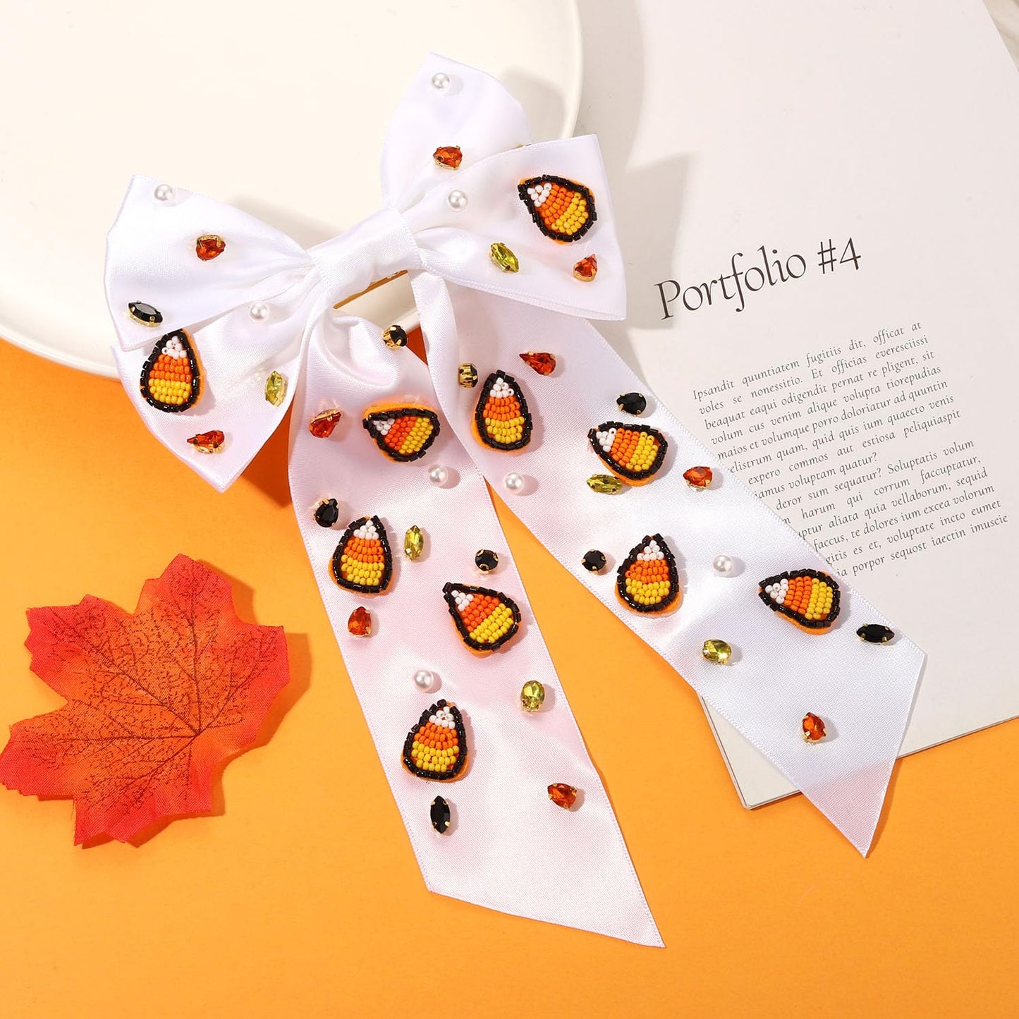 Halloween Bows for Women Cute Candy Corn Hair Bow Clips Crystal Embellished Big Hair Bows Long Tail Satin Hair Ribbons Barrettes Halloween Hair Clips Halloween Costume Accessories Outfits