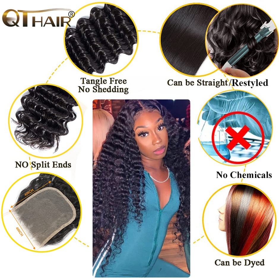 QTHAIR 12a Grade Brazilian Deep Wave Human Hair Bundles/Closure/Frontal/Wigs 100% Unprocessed Brazilian Virgin Hair Deep Curly Hair (18", 4x4 Closure)