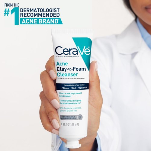 CeraVe Acne Face Wash - Multi-Use Salicylic Acid & Kaolin Clay Treatment | 4oz, Fragrance-Free, Non-Comedogenic