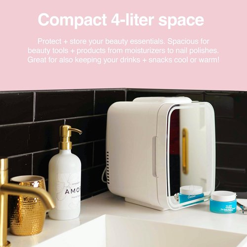 Cooluli Glow 4L Mini Skincare Fridge with Mirror & LED Light - Small Refrigerator for Skin Care, Beauty, Makeup, Cosmetics, Food & Drinks, White