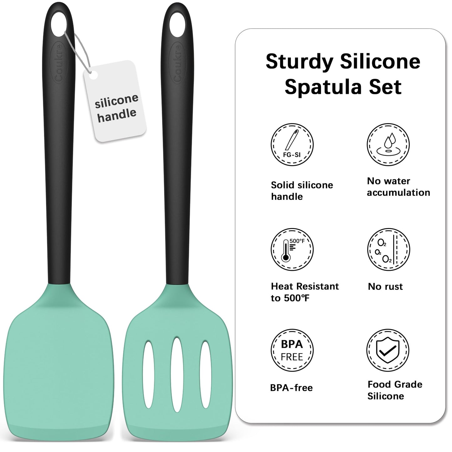 Coukre 2 Pack Silicone Spatula Set, High Heat Resistant, BPA Free Kitchen Spatula, Solid & Slotted Turner for Non-Stick Pans, Sautéing, and Flipping (2, AquaGreen)