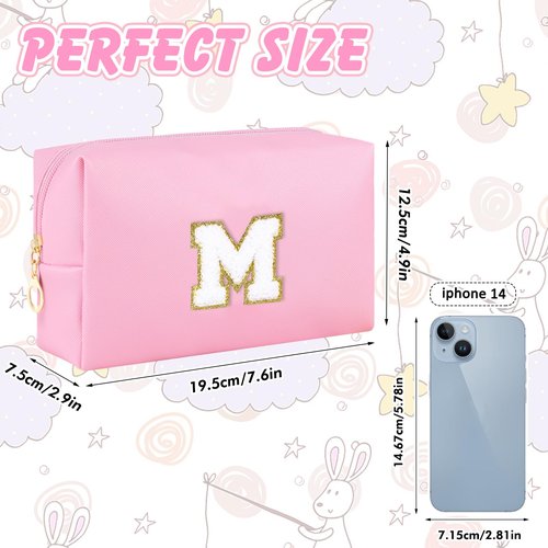 URSKYTOUS Gifts for Girls Initial Makeup Bag Personalized Cosmetic Bag with Zipper Cute Travel Toiletry Bag Waterproof PU Preppy Makeup Pouch Birthday Gift for Teen Girls Women(Pink M)
