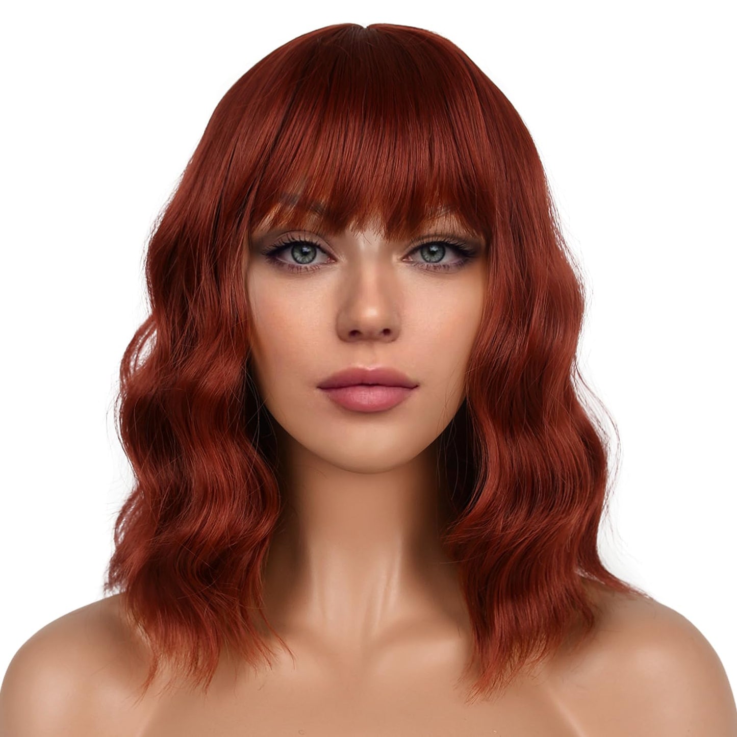 LANCAINI Short Bob Wigs with Bangs for Women Loose Wavy Wig Curly Wavy Shoulder Length Bob Synthetic Cosplay Wig for Girl Colorful Costume Wigs (Auburn)