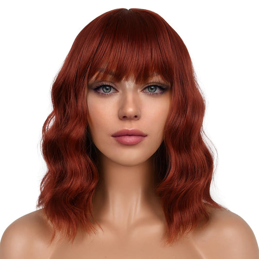 LANCAINI Short Bob Wigs with Bangs for Women Loose Wavy Wig Curly Wavy Shoulder Length Bob Synthetic Cosplay Wig for Girl Colorful Costume Wigs (Auburn)