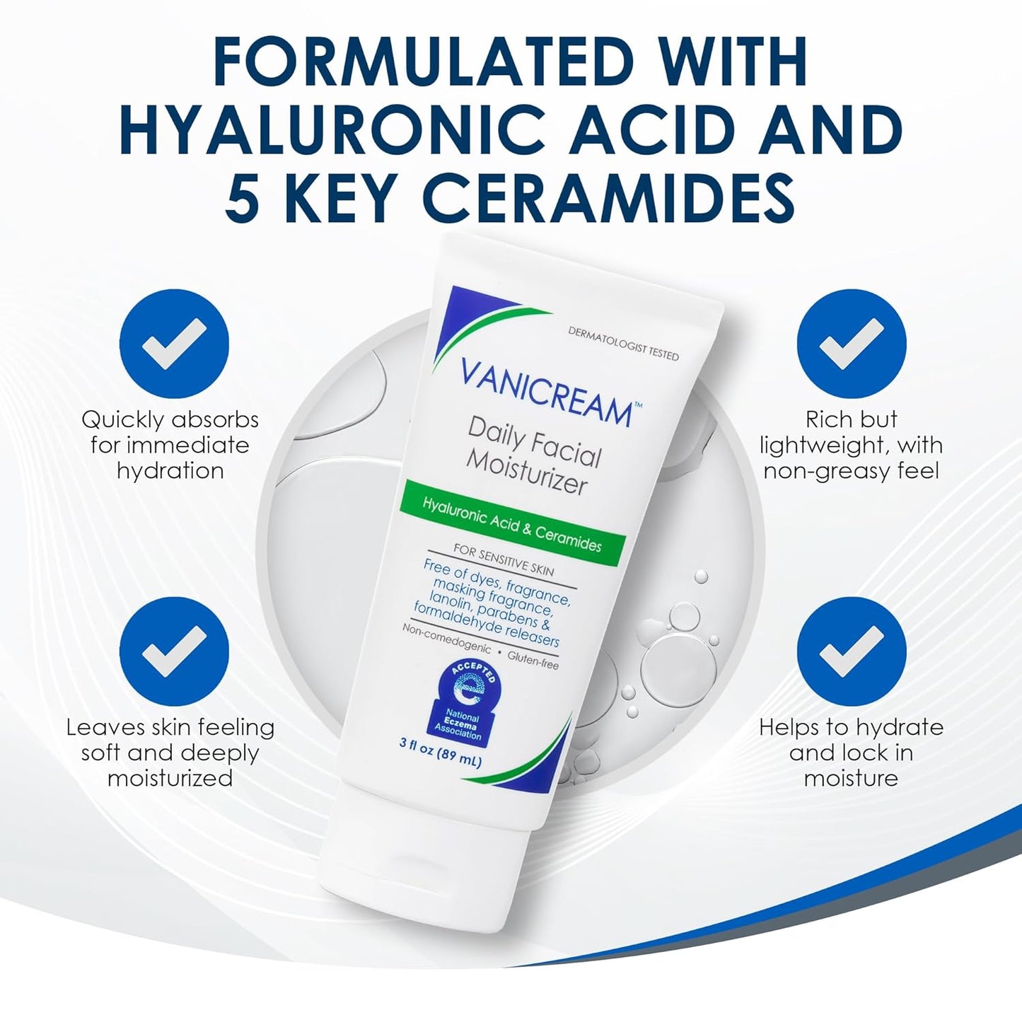 Vanicream Daily Facial Moisturizer - Hydrating Ceramides & Hyaluronic Acid for Sensitive Skin | 3 fl oz