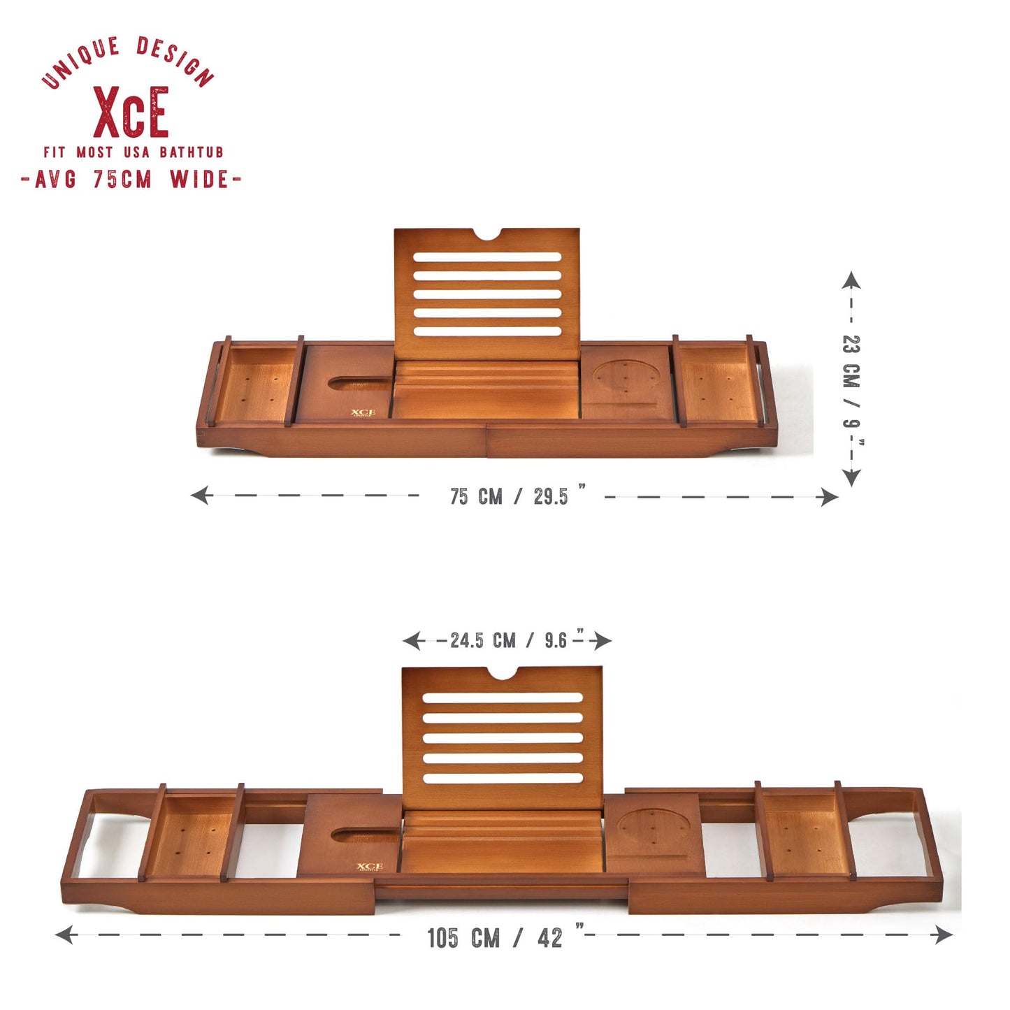 XcE Bathtub Caddy Tray Expandable to 105cm with Bamboo Book Stand and Soap Tray, Brown