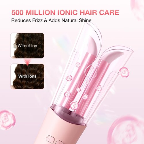 BABONIR Automatic Curling Iron - 1.25'' Ceramic Rotating Wand with 3 Heat Settings & Anti-Scald Design | Travel-Friendly Pink
