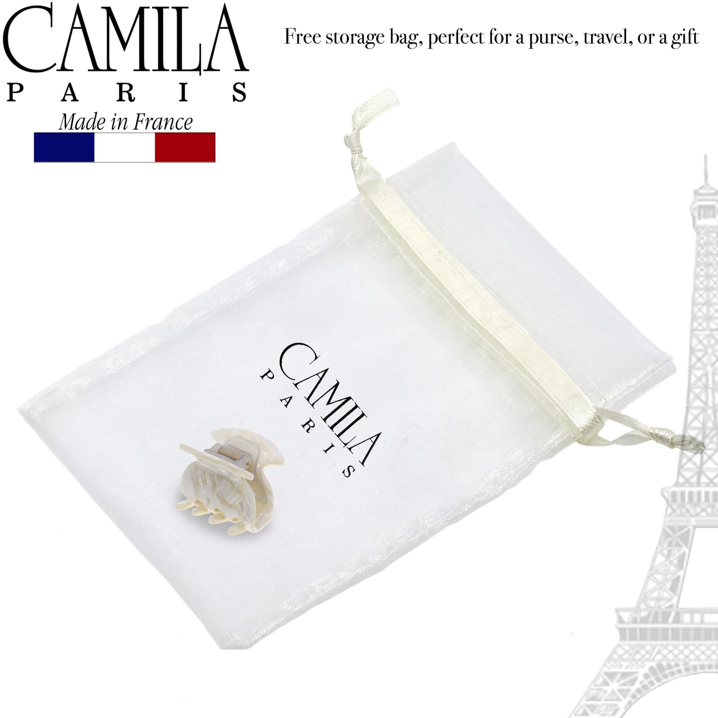 Camila Paris CP3158 French Hair Clip for Women, Handmade, White, Small Girls Hair Claw Clips Jaw, Durable Styling Hair Accessories for Women, Strong Hold No Slip Grip, Made in France