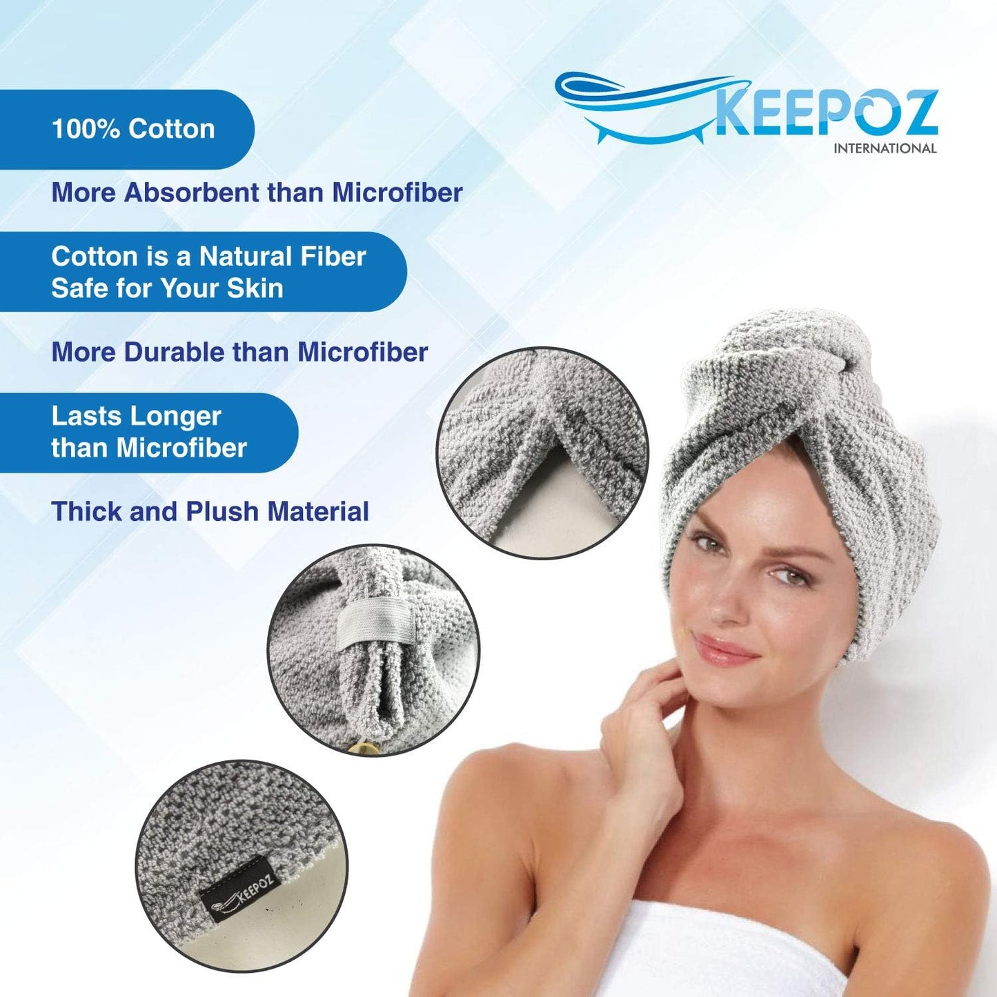 KEEPOZ Hair Towel Wrap Quick Dry 100% Cotton Super Absorbent Turban Head Wrap for Women with Button, Non Microfiber Anti Frizz Hair Cap for Curly, Long & Thick Hair (Grey Check, 2 Pcs)