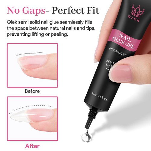 Qiek Nail Tips Gel Glue 15g - Lamp Curing Solid Nail Glue for False Acrylic Nails, Crystal Clear Long Lasting 28 Days No Yellowing Salon Quality DIY Home Manicure Beginner-Friendly