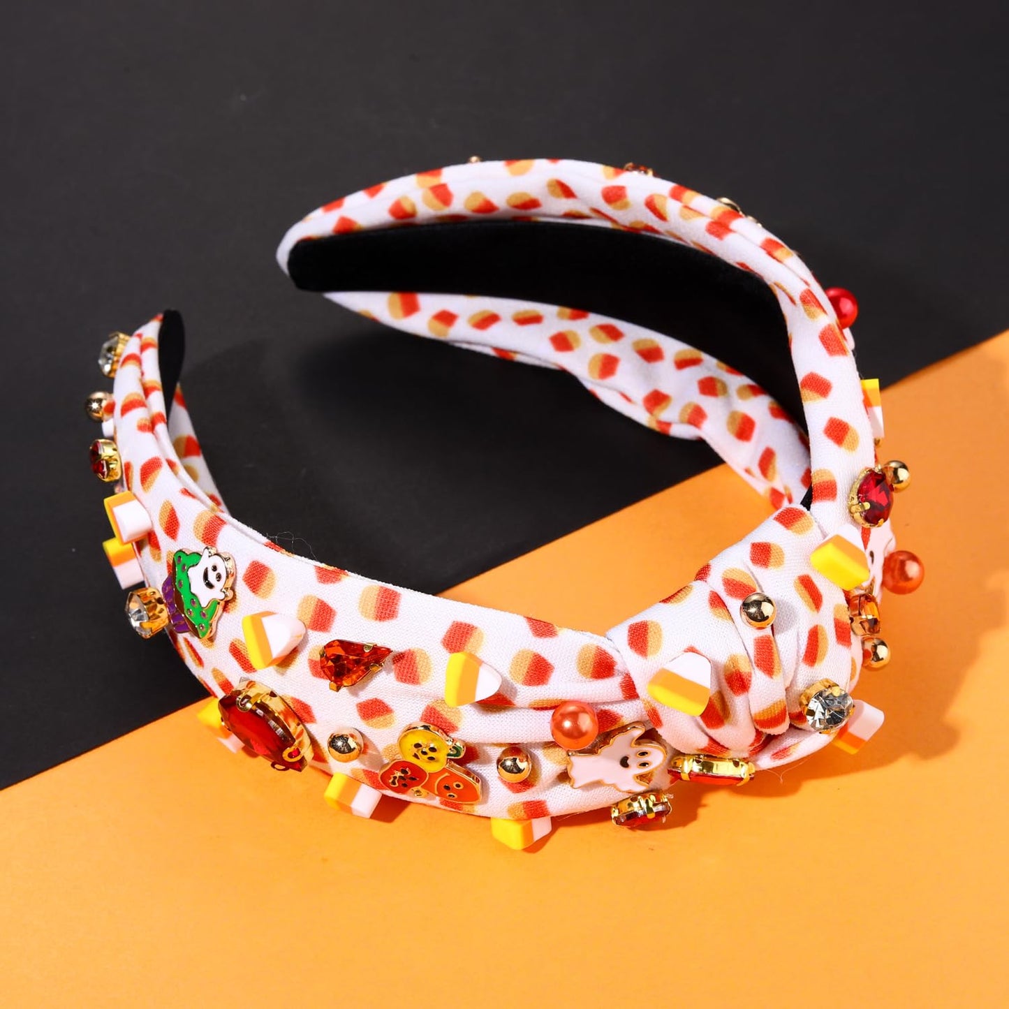 Halloween Headband for Women Pumpkin Ghost Candy Corn Charm Knotted Headband Pearl Crystal Corn Print Top Knot Hairband