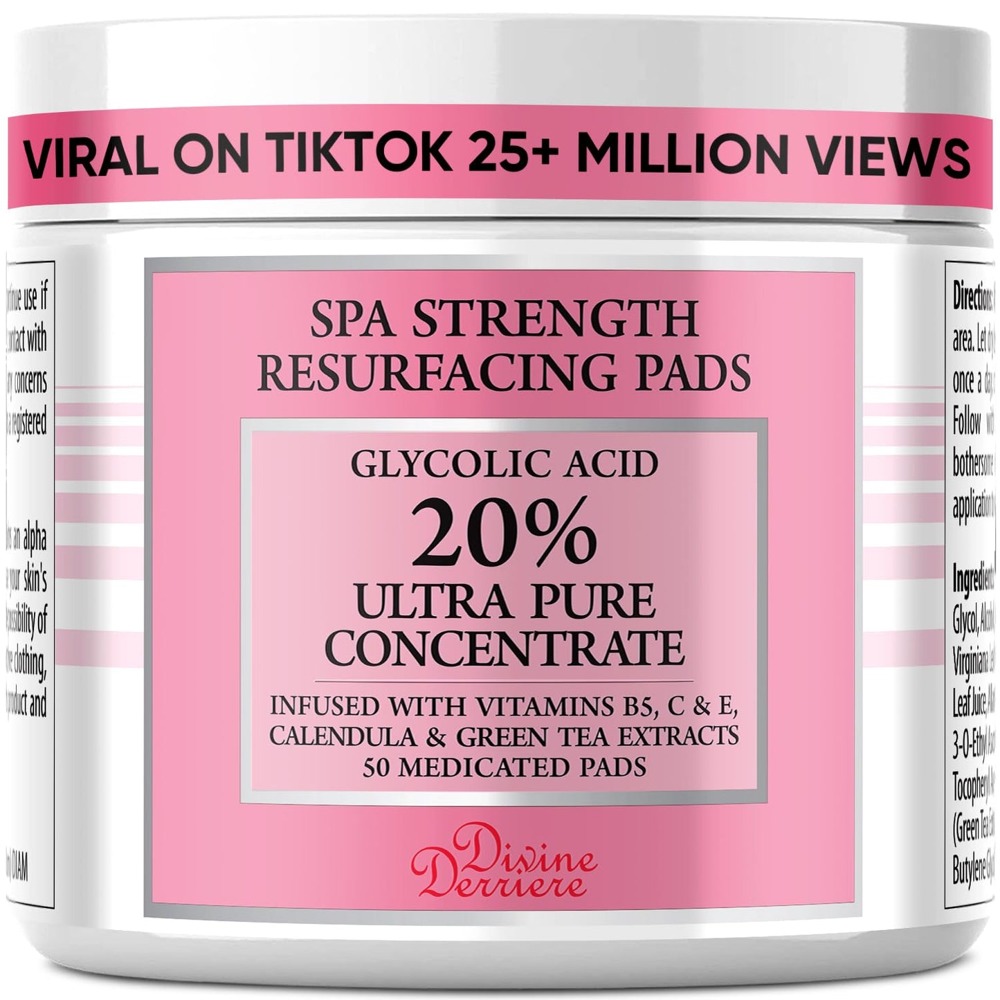 Glycolic Acid Pads with Vitamin C - Toner Pads for Face Cleansing With Tea Tree Oil - Exfoliating Pads with 20% AHA & Vitamins E, B3, B5 - Facial Peel Resurfacing Pads, Glycolic Acid Peel (50)