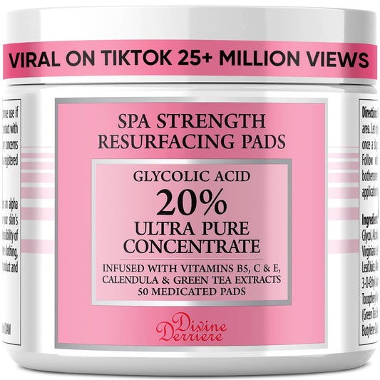 Glycolic Acid Pads with Vitamin C - Toner Pads for Face Cleansing With Tea Tree Oil - Exfoliating Pads with 20% AHA & Vitamins E, B3, B5 - Facial Peel Resurfacing Pads, Glycolic Acid Peel (50)