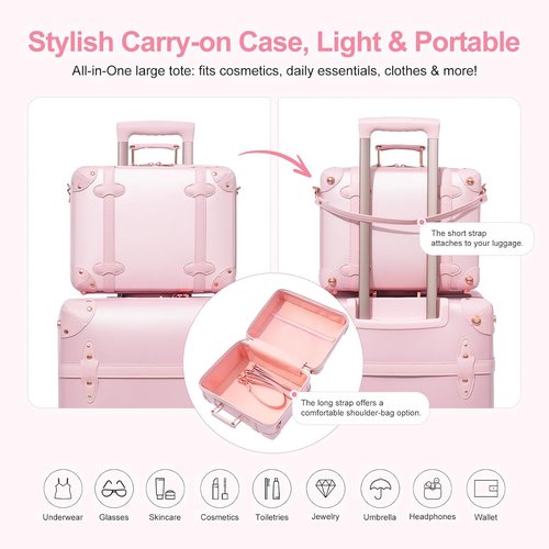 NZBZ Vintage Luggage Set - Cute Retro Expandable Suitcases for Women | Blush Pink (14" & 20")