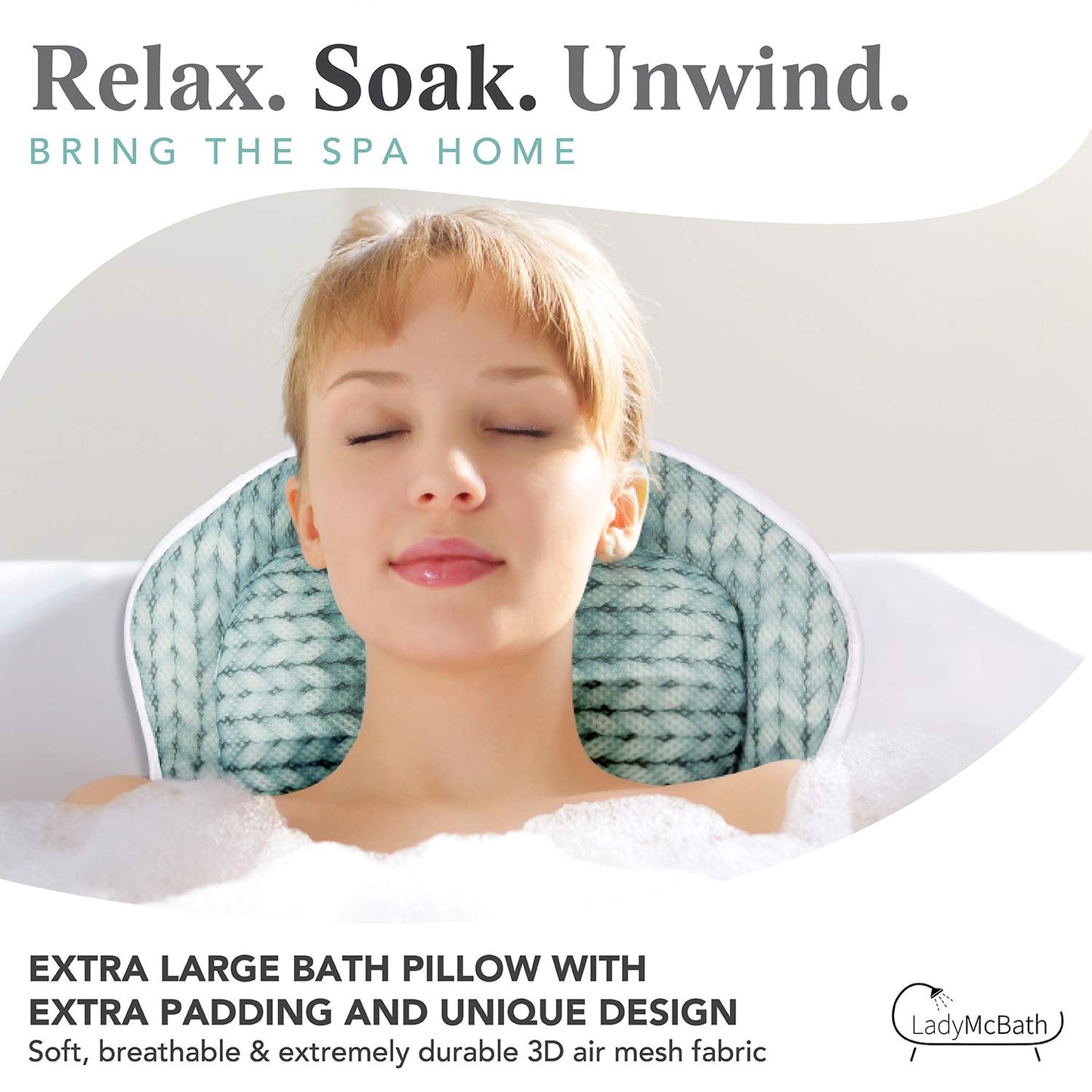 Lady McBath Bath Pillow - Luxury Bath Pillows for Tub Neck and Back Support - Powerful Suction Cups, Machine Washable Bathtub Accessory for Relaxation (Turquoise)