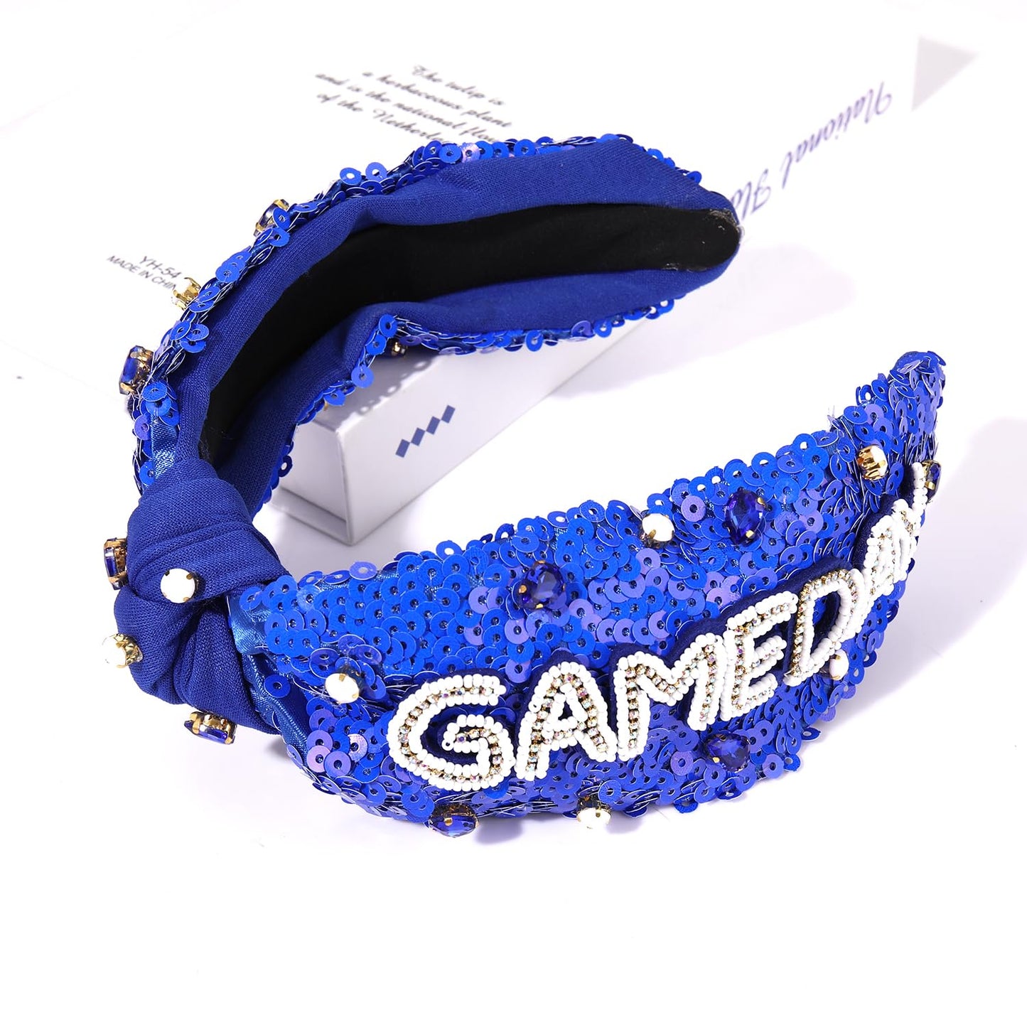 GLBCC Game Day Knotted Headband for Women Pearl Rhinestone Jeweled Wide Knot Headband Football Baseball Basketball Sequin Beaded Game Day Sports Headband Accessories (blue A)