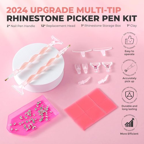 Rhinestone Picker Tool Kit: 2Pcs Rhinestone Picker Handle, Dual-Ended Rhinestones Applicator Dotting Pen with 12 Upgraded Plastic Replacement Tips, Clay, Bedazzling Tools for Nail Art Craft (Pink)