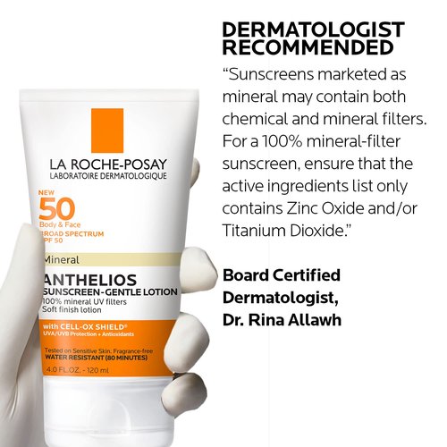 La Roche-Posay Anthelios Mineral Sunscreen SPF 50 Gentle Lotion, Broad Spectrum SPF + Antioxidants, Face & Body Sunscreen, Titanium Dioxide & Zinc Oxide, Oxybenzone Free, Oil Free