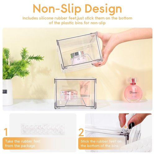 2 Pack Stackable Makeup Organizer, 4.4'' Tall Acrylic Bathroom Organizer and Storage Drawers, Clear Plastic Drawer Storage Bins For Vanity, Undersink, Cabinets, Pantry