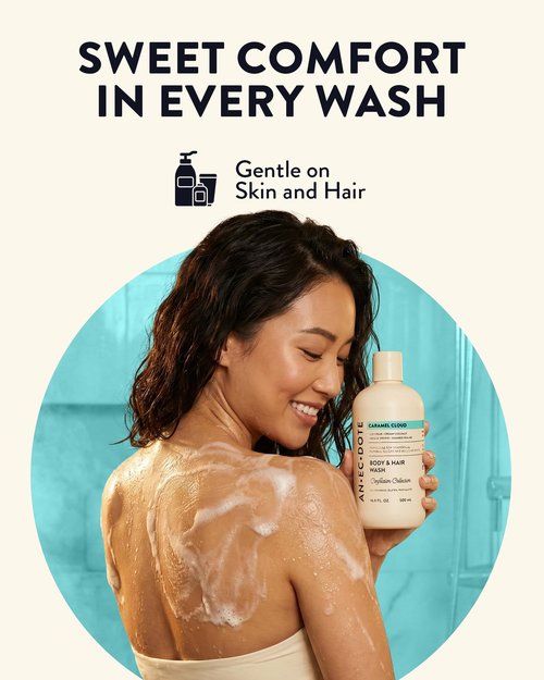 Anecdote Caramel Cloud Body and Hair Wash – Sweet Gourmand Scent with Juicy Pear, Coconut, Vanilla Orchid & Praline – Moisturizing Shower Gel, Hydrating 2-in-1 Cleanser for Daily Use, 16.9 Fl Oz