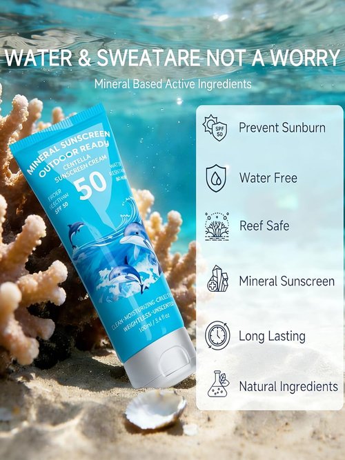 Reef Safe Sunscreen SPF 50 - Travel Size Zinc Oxide Mineral Formula with Natural Centella Extract