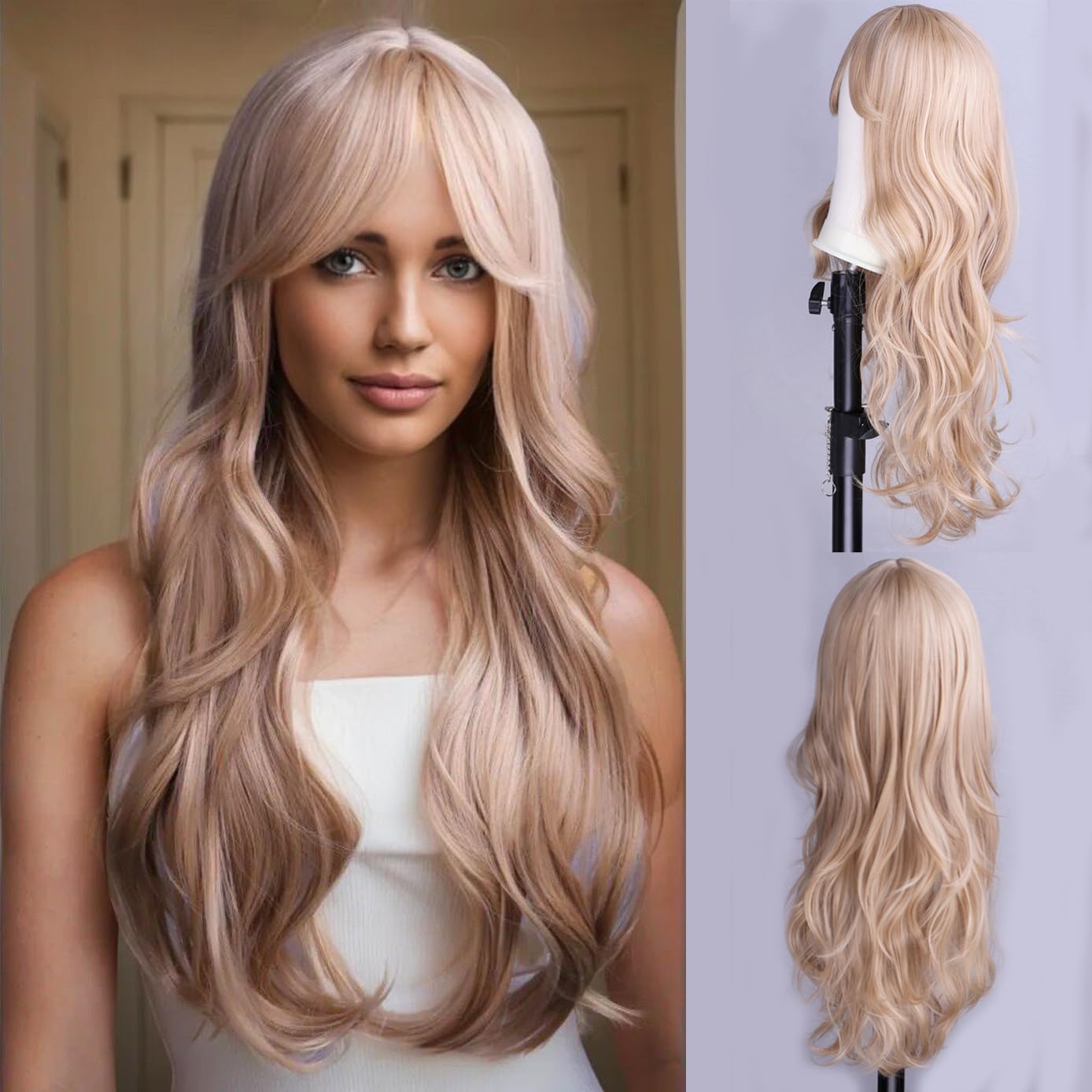 BERON Blonde Wigs Long Curly Wavy Women Wigs with Bangs Ash Blonde Curly Heat Resistant Synthetic Wigs for Daily Wigs Wig Cap Included