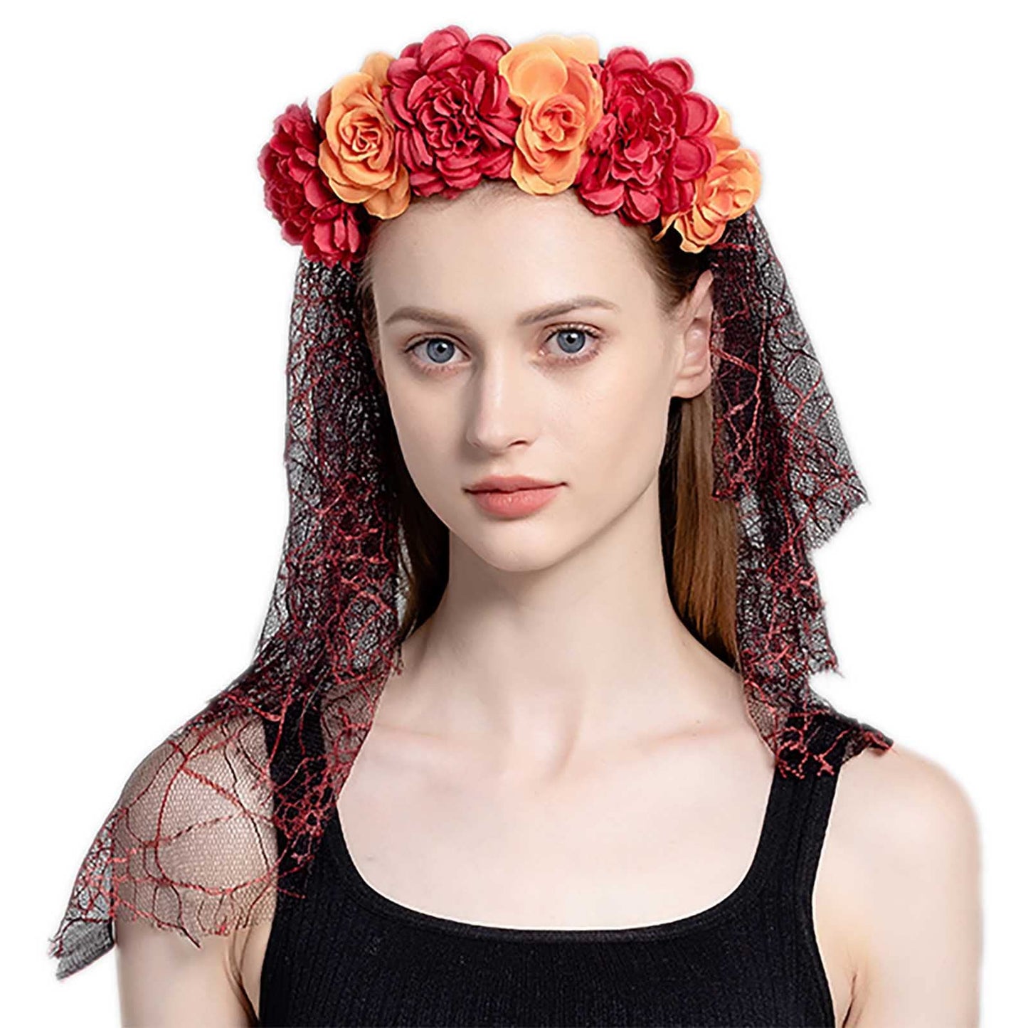 Acenail Floral Headband Veil Women Flower Crown Skull Head Piece Rose Flower Spider Mexican Headband Day of the Dead Head Band Cosplay Halloween Headpieces (Orange)