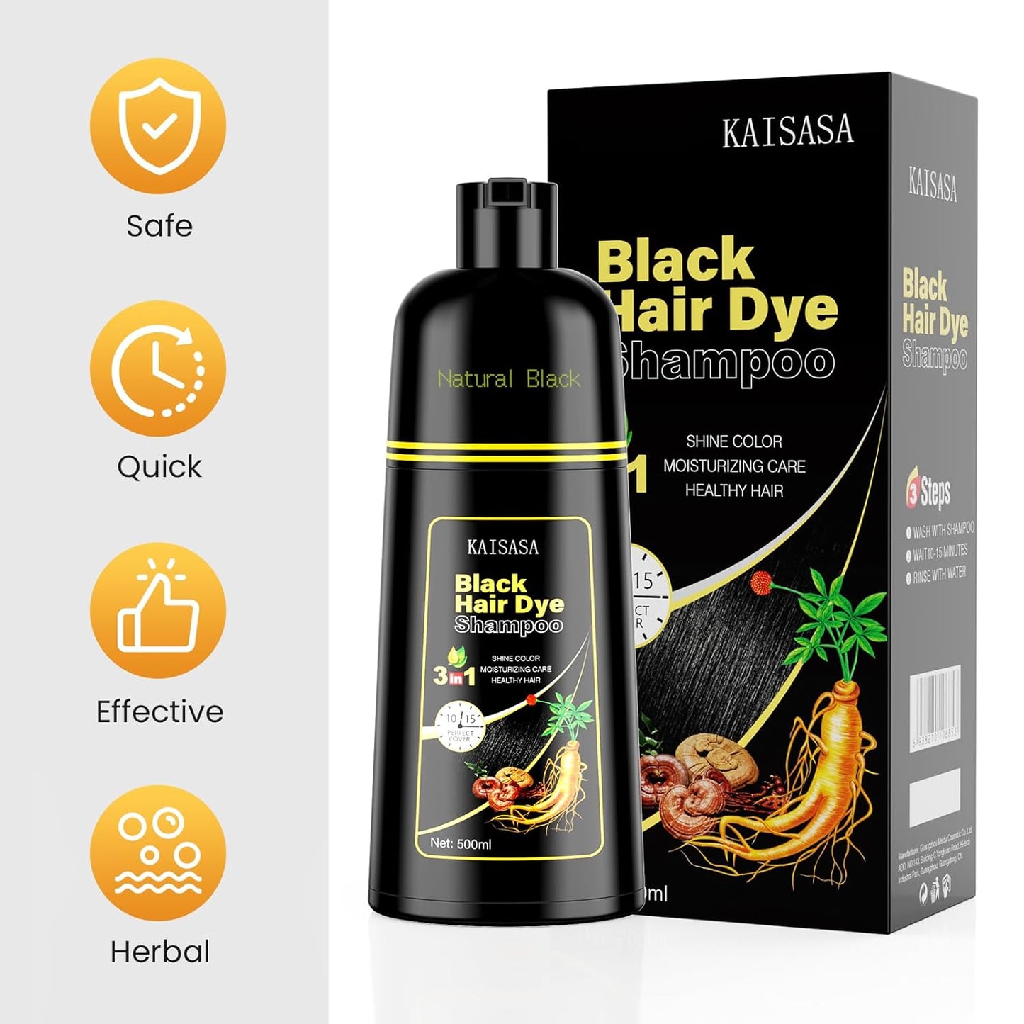 KAISASA Black Hair Dye Shampoo - 3 in 1 Herbal Formula for Gray Coverage | 500ml