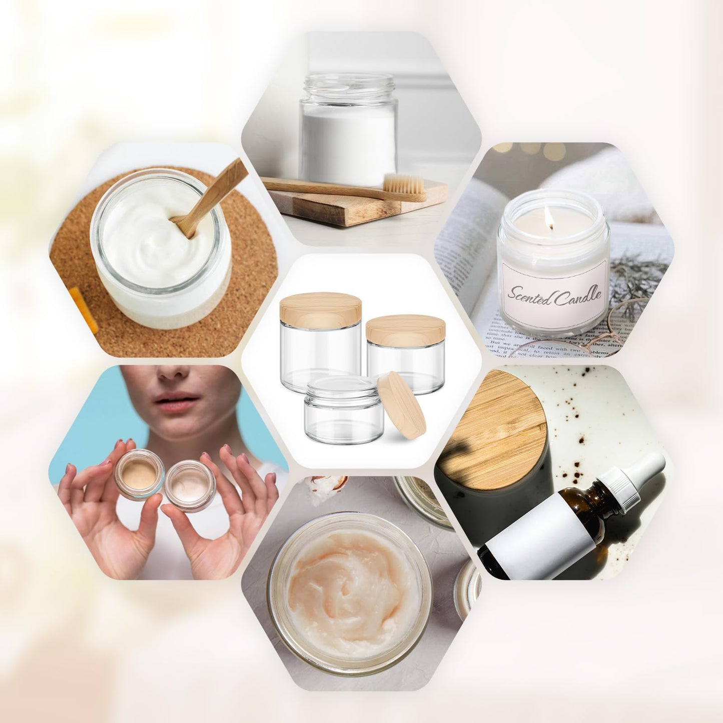 Glass Cosmetic Jars with Plastic Woodgrain Lids, 4 oz, 2 oz 1 oz Small Glass Storage Jars with Lids & Stickers, Reusable Clear Travel Containers for Creams, Lotion, Balms, Ointment 3 pack