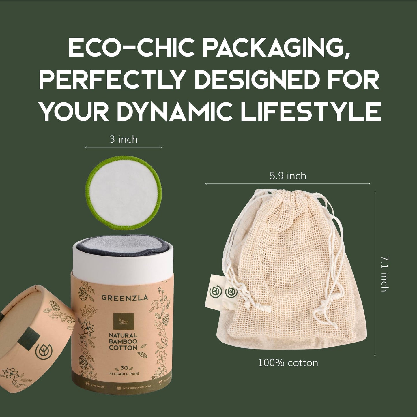 Greenzla Reusable Makeup Remover Pads, Washable Bamboo Cotton Rounds with Mesh Laundry Bag, Travel Pouch, Pad Holder - Reusable Cotton Rounds for All Skin Types - Perfect for Face Care, 30 Pack