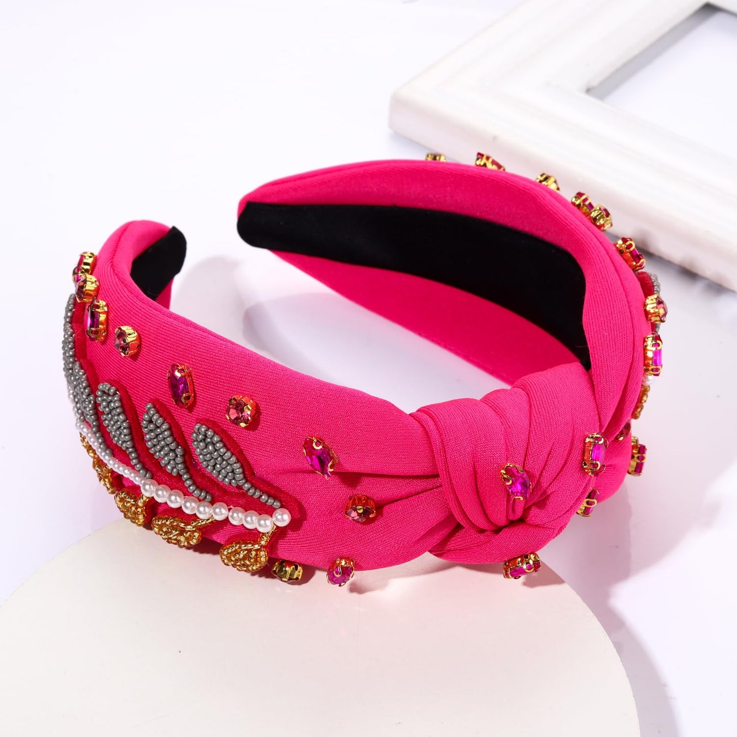 FAERLIIRY Beaded Xmas Headbands for Women - Embellished Crystal Knotted Wide Top Knot Holiday Hair Accessories (Christmas-Hot Pink)