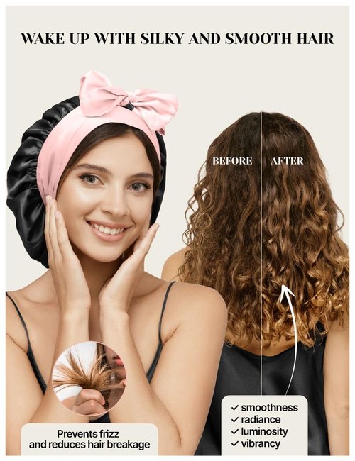 100% Mulberry Silk Bonnet for Sleeping Women with Curly Hair - Short Long Hair Bonnet for Sleeping - Alternative to Double Layer Satin Bonnet with Tie Band - Premium Hair Wrap for Sleep Black