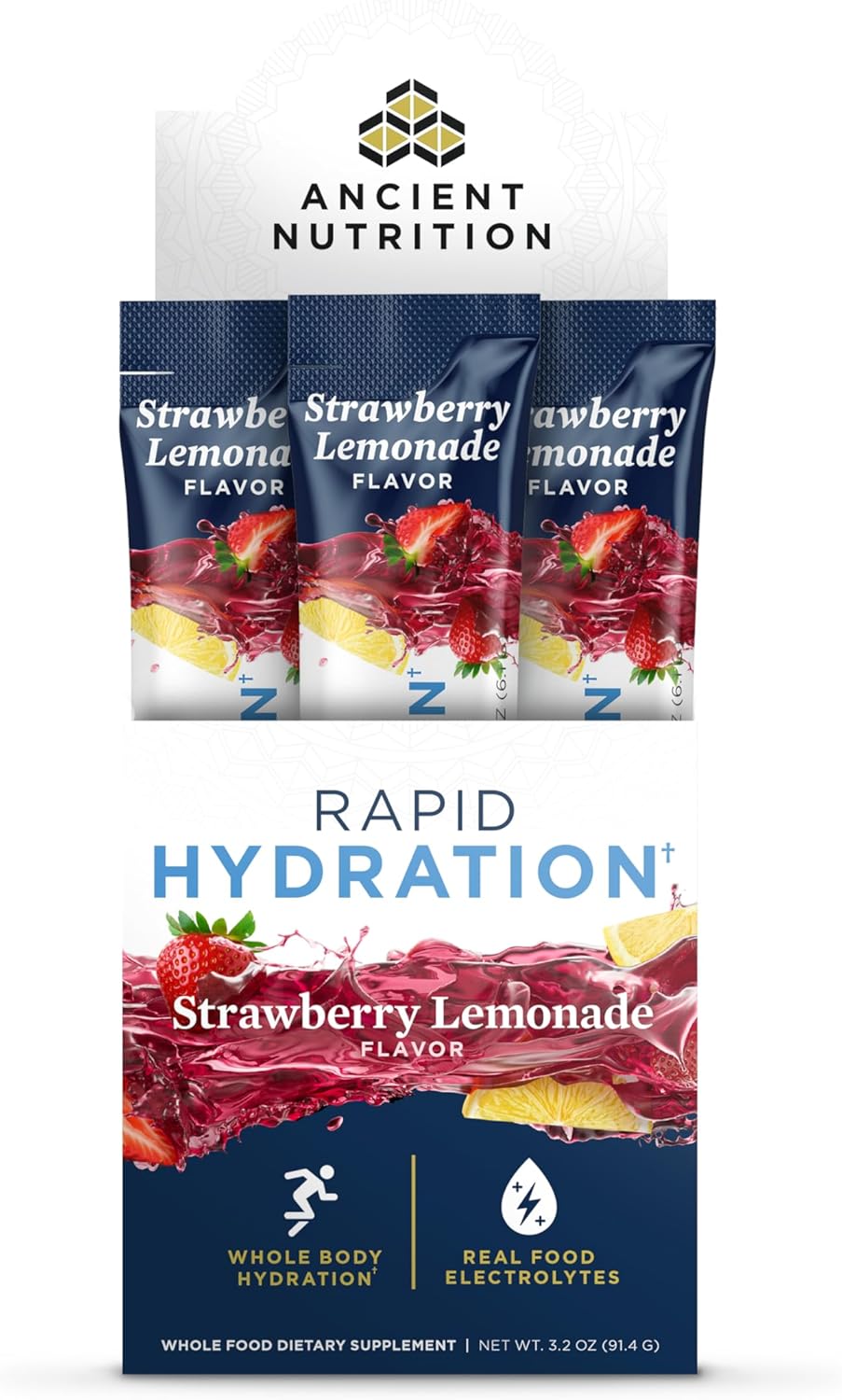 Ancient Nutrition Rapid Hydration Powder - Strawberry Lemonade Flavor | Natural Electrolytes for Optimal Body Hydration - 15 Servings