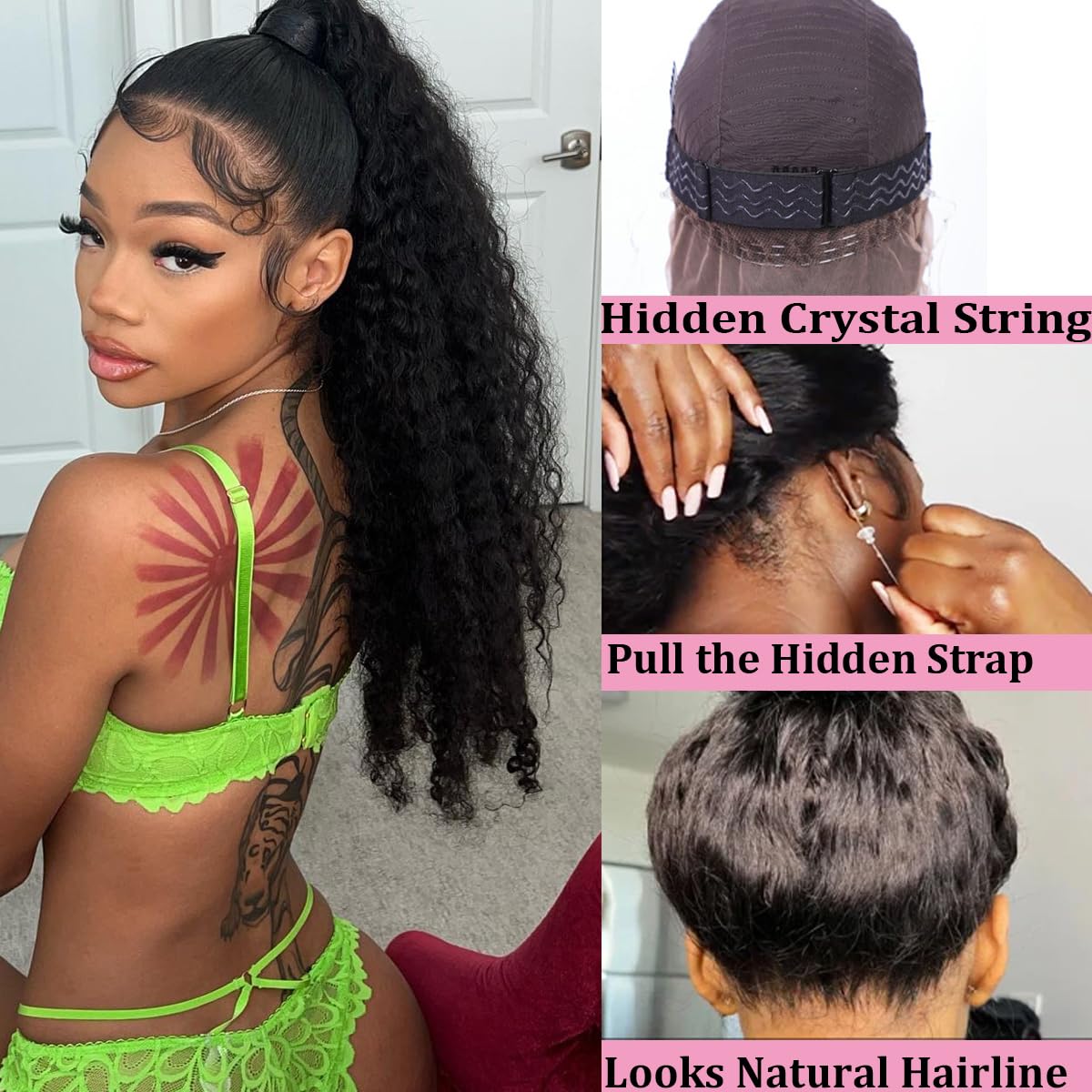 Ebarly Hidden Strap 360 Full Lace Front Wigs Human Hair Pre Plucked Bleached Knots 180 Density Water Wave HD Lace Frontal Wig with Drawstring Natural Hairline Glueless Wigs for Women(24 inch)