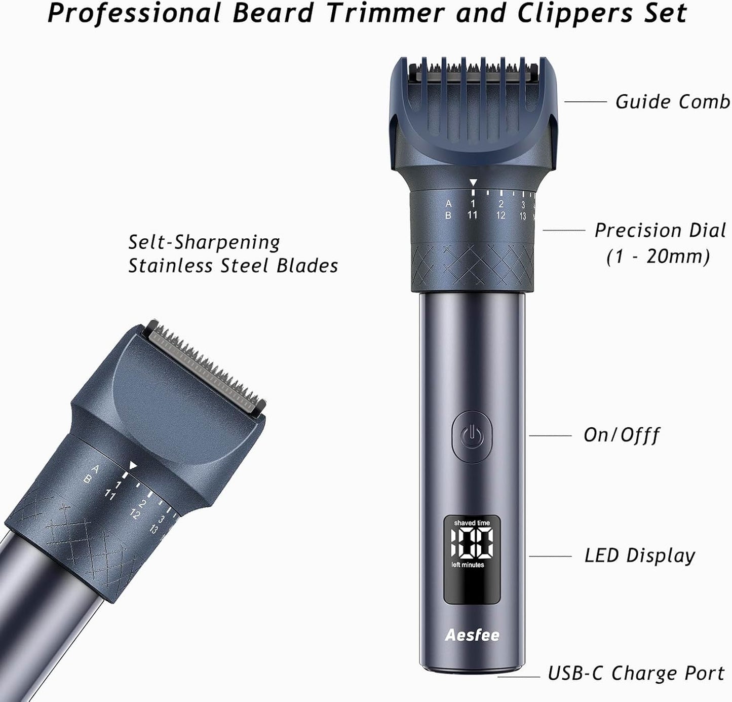 Skiennix Beard Trimmer Set - 3-in-1 Professional Clippers with Foil Shaver & Nose Trimmer | IPX7 Waterproof, USB-C Rechargeable