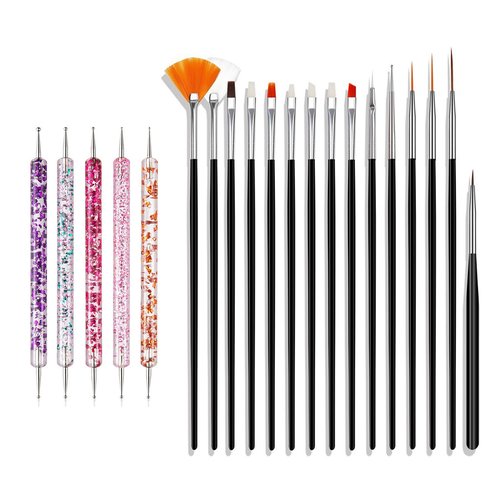 Nail Art Brushes Set, 20pcs Nail Design Painting Brushes, Professional Nail Art Design Brushes, Nail Fine Liner Brushes, Black