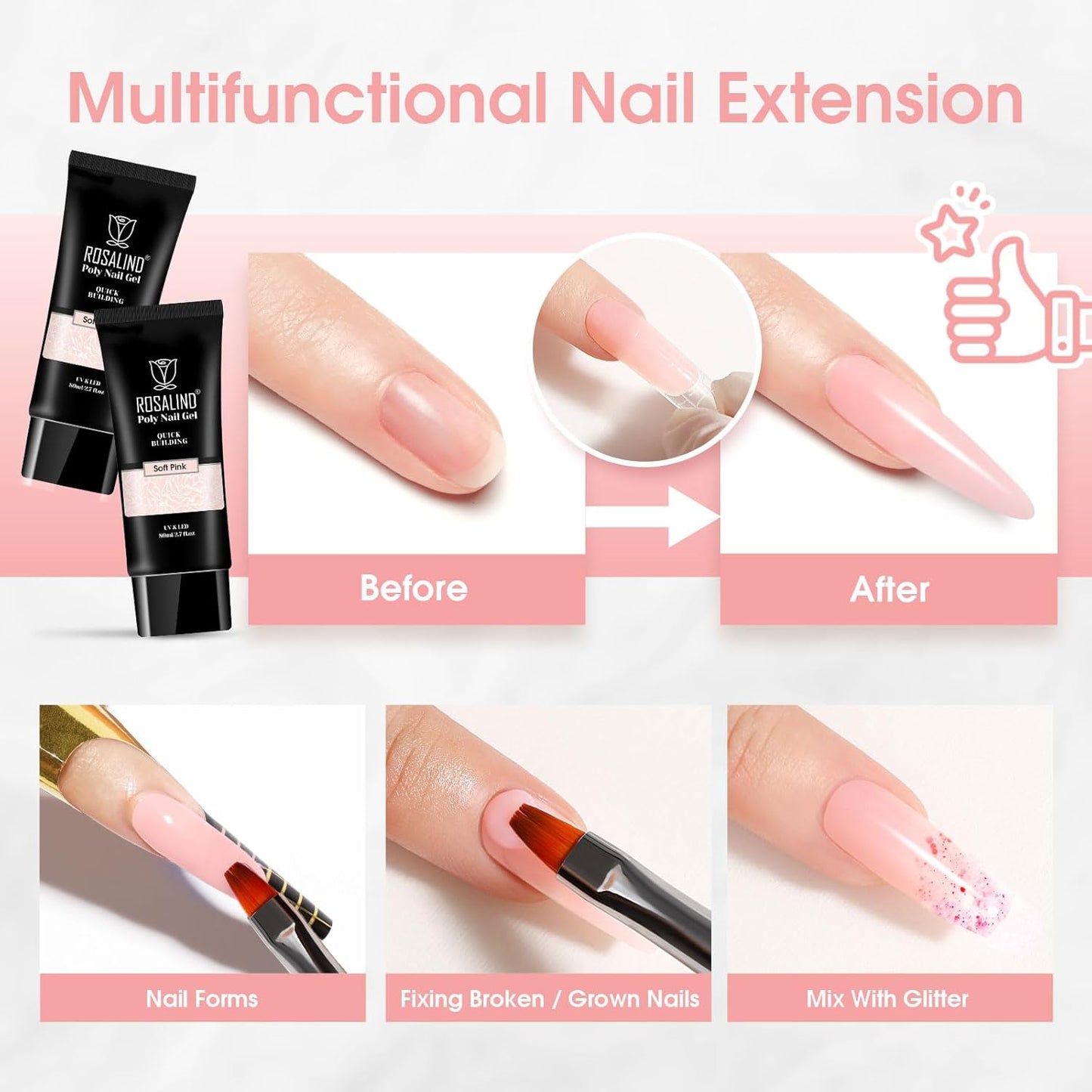 Nude Poly Extension Gel, ROSALIND 2.7 oz Light Nude Poly Nail Gel Builder for Nail Art Decoration, Thickening Extension Easy to DIY Use at Home Need UV Lamp