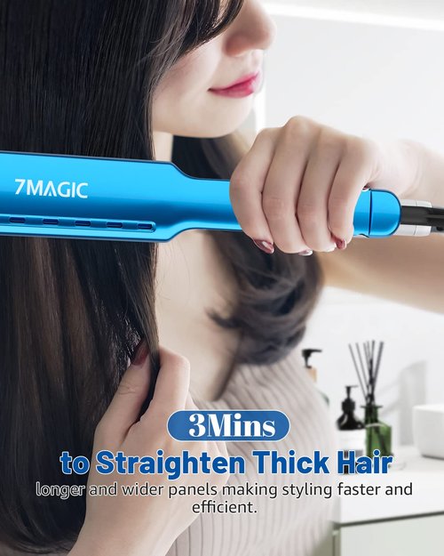 7MAGIC Nano Titanium Flat Iron - Fast Heating 15s for Thick Hair | Damp to Dry Styling, Dual Voltage, Blue