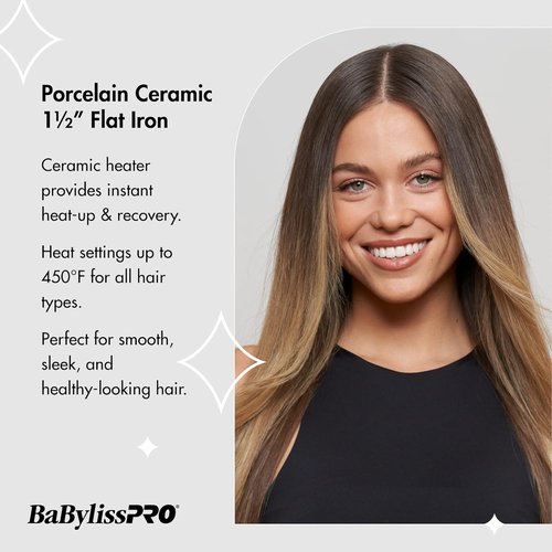 BaBylissPRO Flat Iron | Professional Porcelain Hair Straightener for All Hair Types - Salon Quality Results