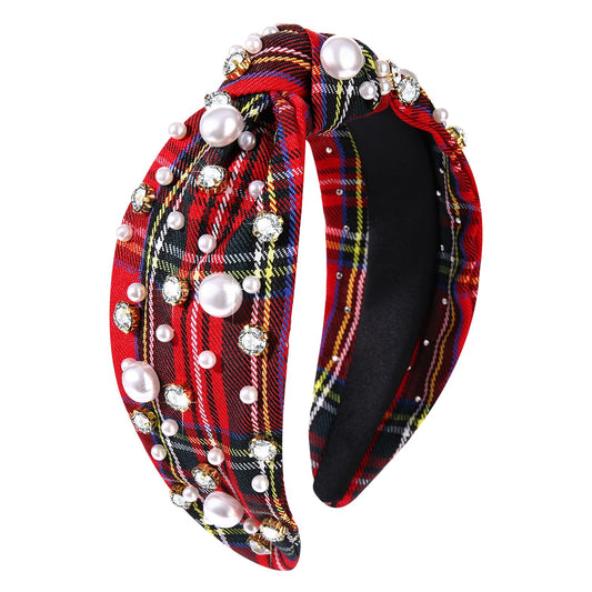 GLBCC Christmas Headband for Women White Pearl Rhinestone Crystal Jeweled Embellished Hairband Wide Top Knot Hairband Headpieces Christmas Holiday Party Costume Decoration (red plaid knot hairband)