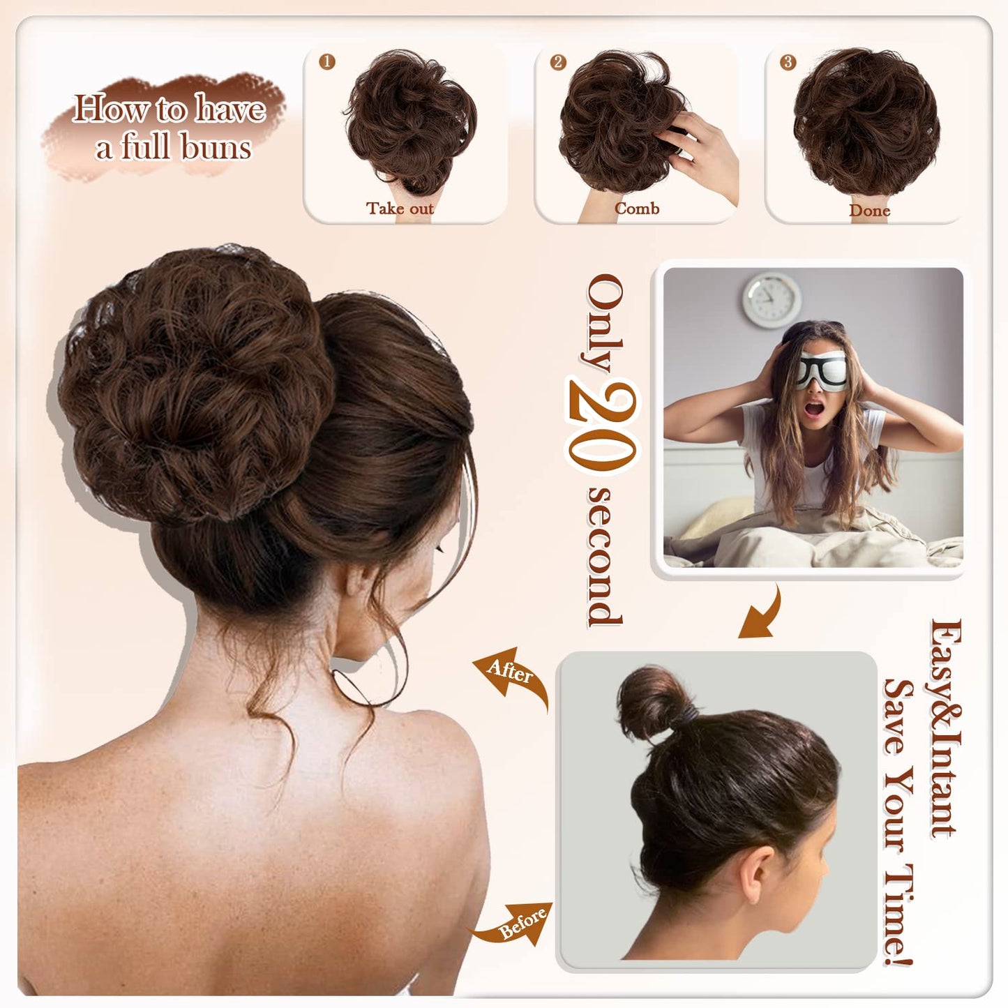 Wodelanle Claw Clip Messy Bun Hair Piece Wavy Hair Bun Curly Messy Bun Hair Piece Synthetic Tousled Updo Hair Extensions Ponytail Scrunchies Hairpieces for Women,Light Brown Mix Ash Blonde