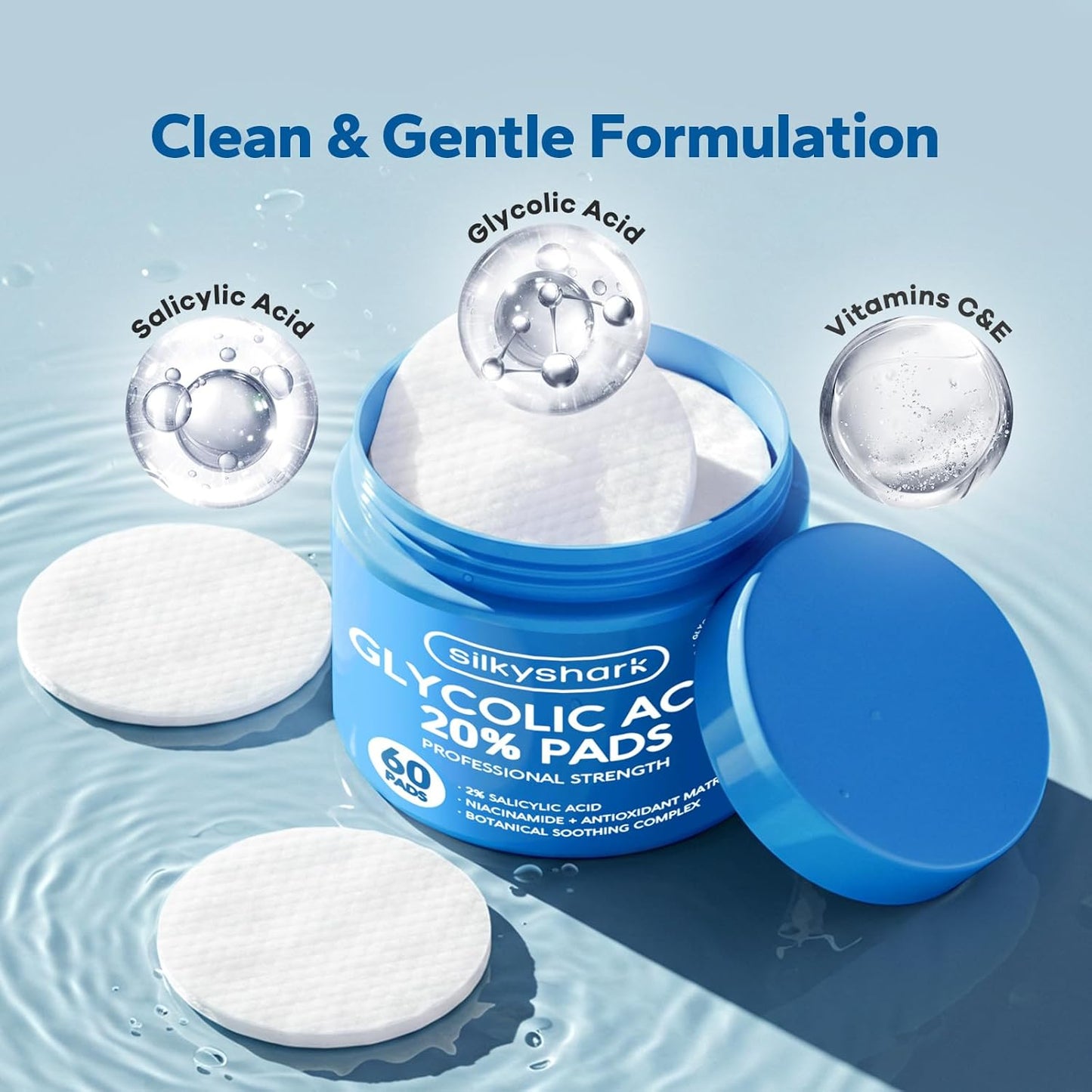 SilkyShark Glycolic Acid 20% Resurfacing Pads - Exfoliating Peel Pads with Salicylic Acid & Vitamins B, C, E | 60 Count