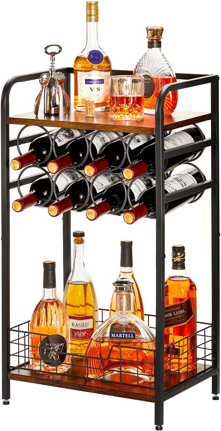 3-Tier Wine Bar Table: Small Liquor Bottle Holder with 8-Bottle Wine Rack Mini Wine Bar Cabinet Corner Whiskey Display Shelf Floor Liquor Storage Bar for Home Living Room