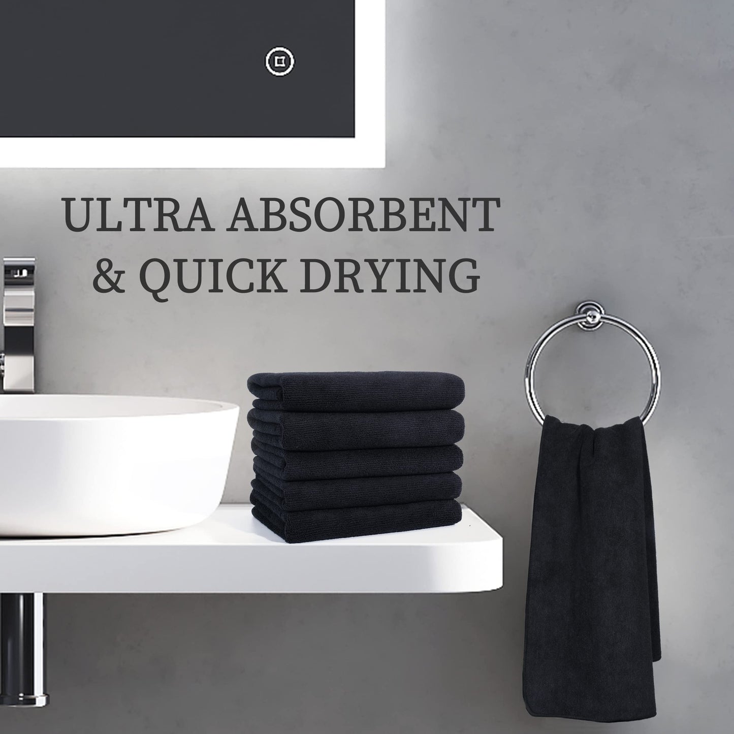 ProHomTex Microfiber Hair Drying Salon Towels, Set of 6 (16‘' x 29'') Professional Super Absorbent Quick Dry (Black) (6)