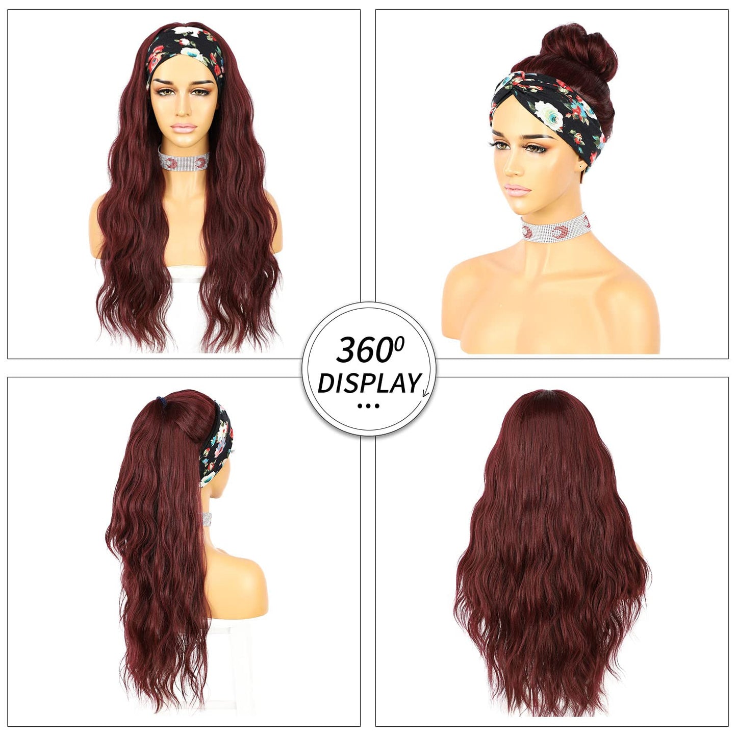 SAPPHIREWIGS Loose Body Wavy Glueless Headband Wig Synthetic Hair Wigs for Black Women Wave None Lace Front Wigs Burgundy Red Color Machine Made Wigs 150% Density 26inch